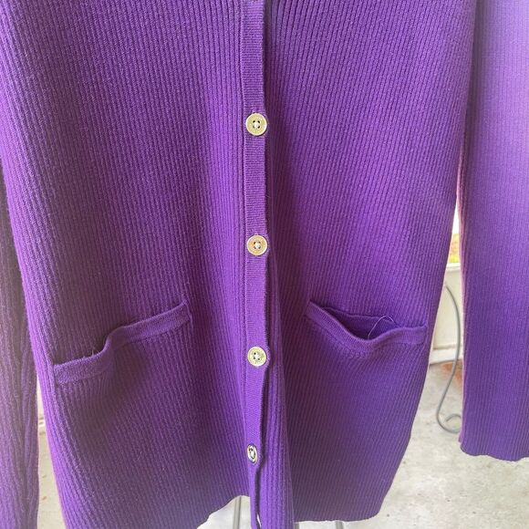 Lauren Ralph Lauren SZ LARGE  Purple and Black V-Neck Ribbed Cardigan Preppy - Picture 9 of 12